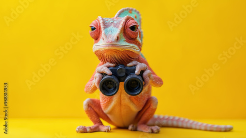 A funny chameleon stands on a yellow background, holding black binoculars in its paws