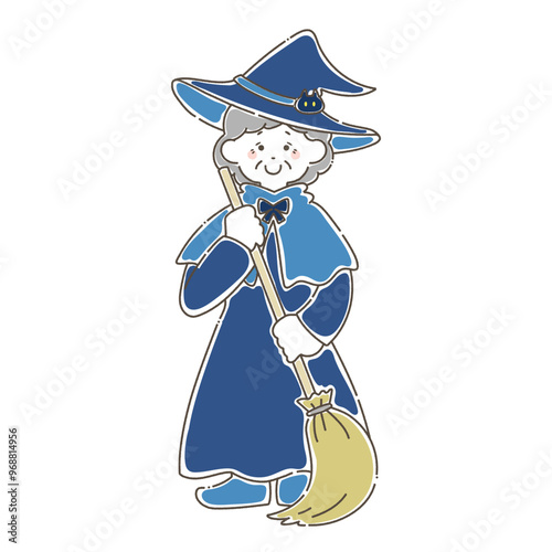 ハロウィンの仮装[魔女]をするシニア女性のゆるいイラスト
