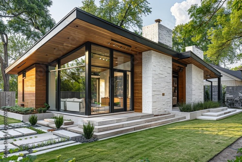 Modern cottage in an urban neighborhood, white brick with shingle roof and wood accents, front door with large glass windows, small concrete yard with green grass, natural lighting.