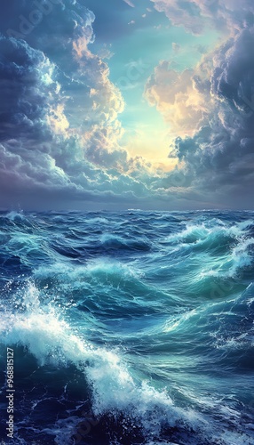 Ocean Waves Crashing Under a Dramatic Cloudy Sky, Sea Water, Blue Ocean, White Foam, Sun Rays