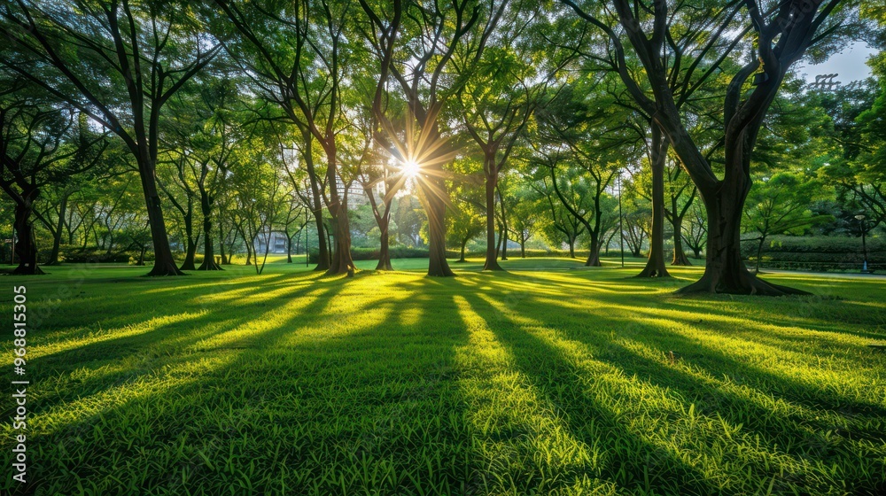 Fototapeta premium A serene park scene with sunlight filtering through trees, casting shadows on lush green grass.