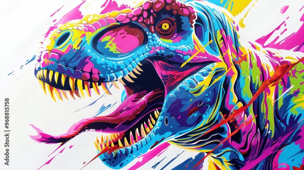 Stylized, colorful depiction of a dinosaur's head, with vibrant hues and a dynamic, expressive design Stylized, colorful depiction of a dinosaur's head, with vibrant hues and a dynamic, expressive design