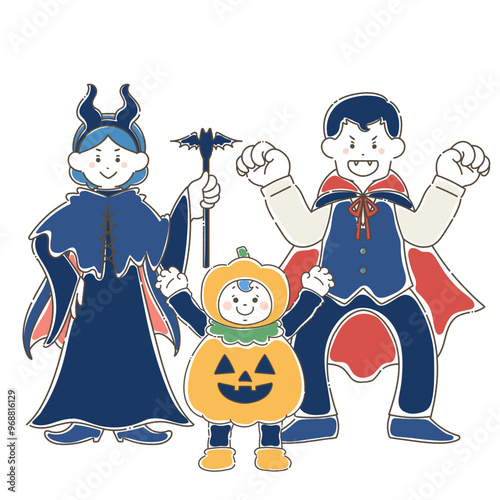 ハロウィンの仮装[吸血鬼・悪魔・ジャック・オ・ランタン]をする親子のゆるいイラスト
