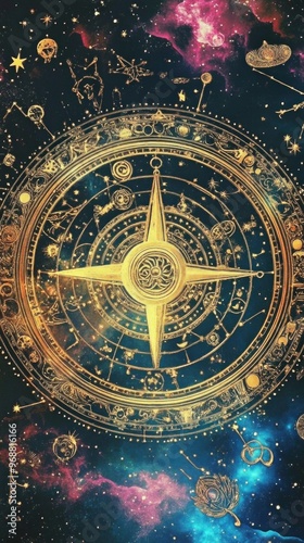 Zodiac wheel in calming colors against a cosmic background featuring astrological symbols and constellations