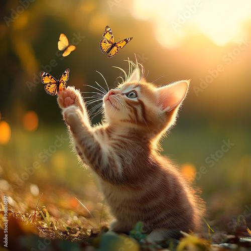 Fototapeta Naklejka Na Ścianę i Meble -  kitten playing with butterflies on a sunny meadow