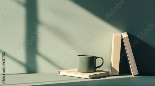 A Green Mug Resting on a Book Against a Green Wall photo