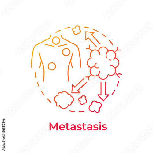 Metastasis red gradient concept icon. TNM system. Cancer spread. Pathogenic tumor. Secondary cancer. Round shape line illustration. Abstract idea. Graphic design. Easy to use in article