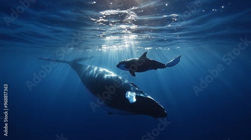 A mother whale and her calf swim together in the ocean, bathed in sunlight.