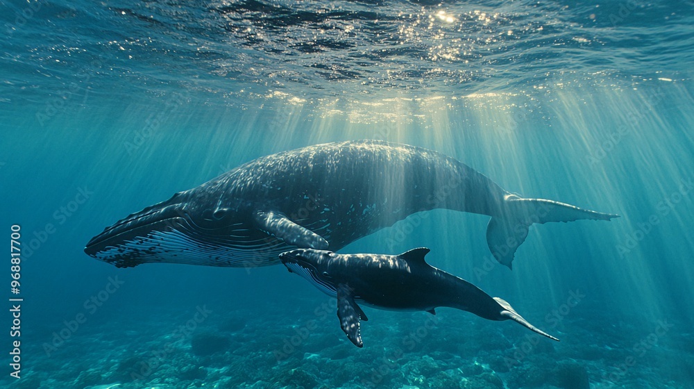 Naklejka premium A humpback whale and her calf swim together in the clear blue water, sunlight streaming down from above.