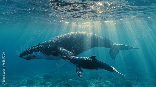 A humpback whale and her calf swim together in the clear blue water, sunlight streaming down from above.