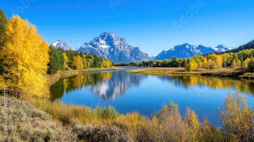 A lake surrounded by mountains and trees with a river running through it, AI