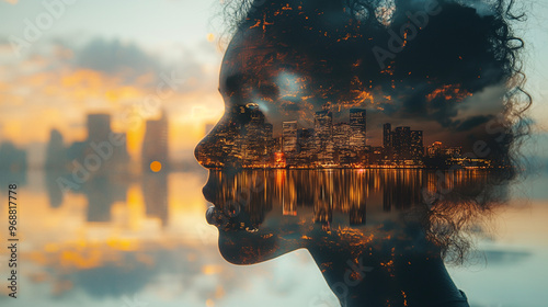 A double exposure of a human face combined with a city skyline at night, symbolizing urban isolation