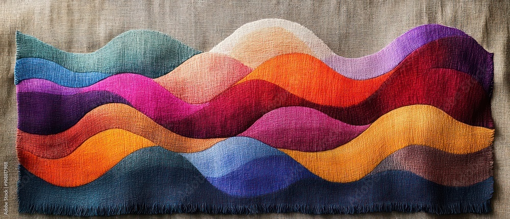 Abstract Woven Textile with Curved Stripes of Various Colors Abstract Woven Textile with Curved Stripes of Various Colors