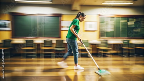School custodian ensuring cleanliness in classroom environment for effective learning