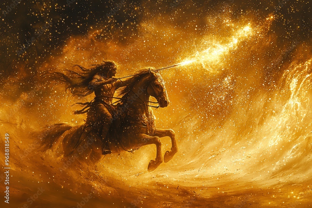Fototapeta premium Fiery apocalyptic scene with a lone horseman riding through a chaotic, burning landscape