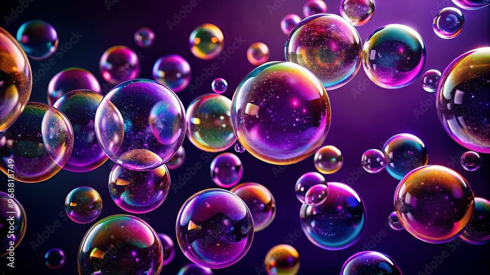 A vibrant and colorful image of bubbles floating in the air with a black and purple background A vibrant and colorful image of bubbles floating in the air with a black and purple background