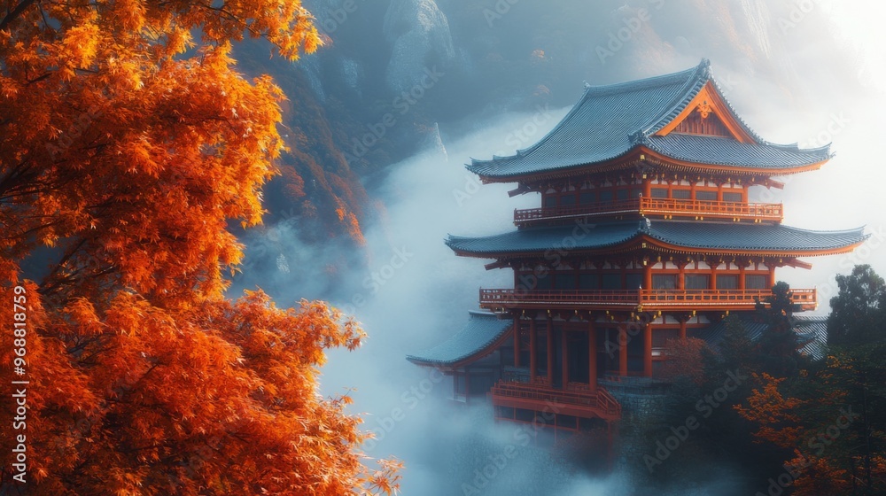 Obraz premium Red-Leafed Tree and Foggy Pagoda in a Mountainous Setting