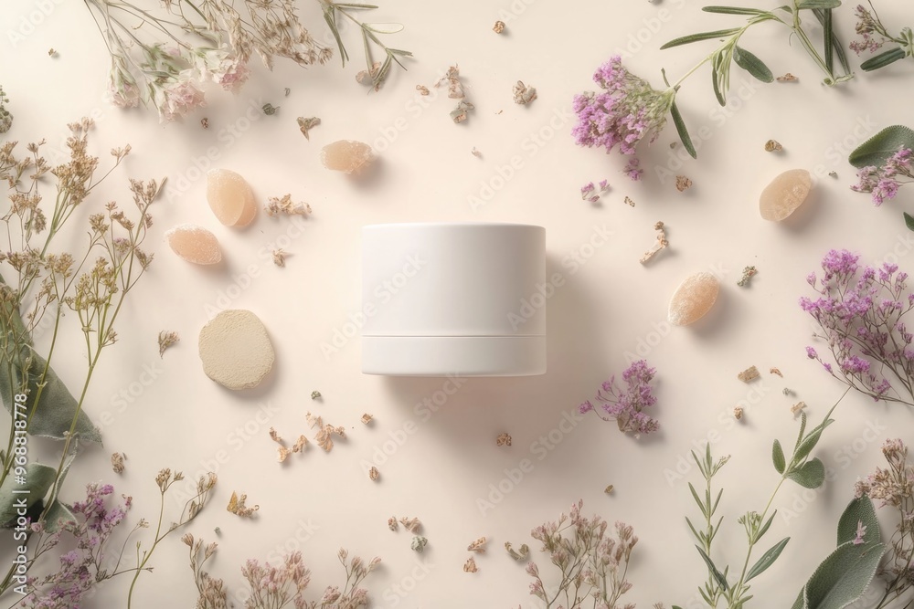 Elegant Cosmetic Container Surrounded by Floral Elements - Design for Print, Card, Poster Elegant Cosmetic Container Surrounded by Floral Elements - Design for Print, Card, Poster