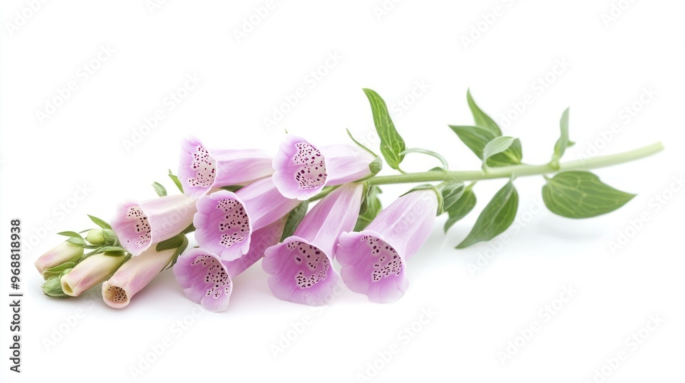 A cluster of pink foxglove flowers arranged elegantly against a white background. A cluster of pink foxglove flowers arranged elegantly against a white background.