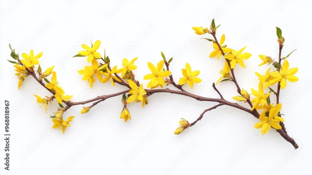 A branch with vibrant yellow flowers arranged on a white background. A branch with vibrant yellow flowers arranged on a white background.