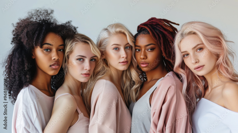 Five diverse models pose together in soft pastel attire against a neutral background during a fashion shoot Five diverse models pose together in soft pastel attire against a neutral background during a fashion shoot