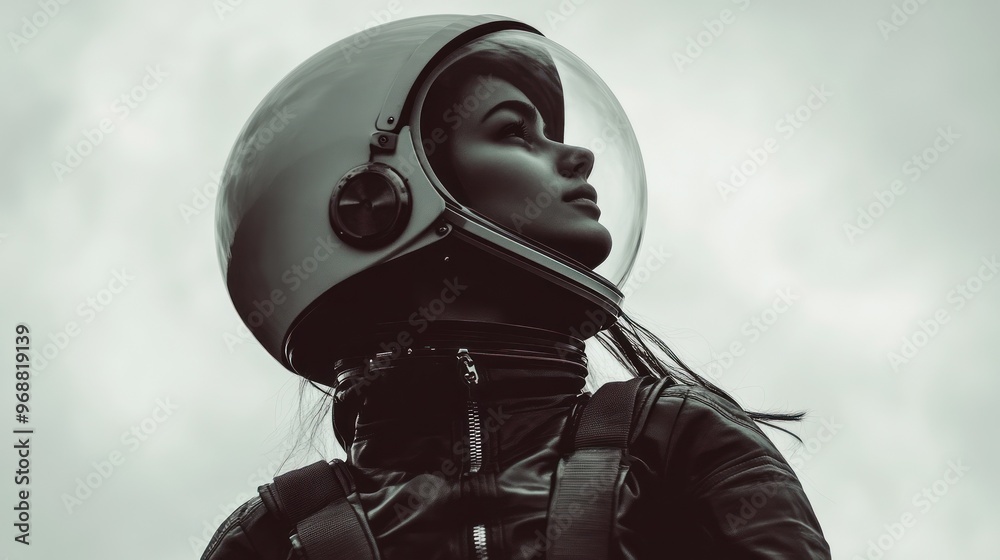 A profile of a woman in a helmet, gazing upward against a cloudy backdrop. A profile of a woman in a helmet, gazing upward against a cloudy backdrop.