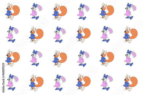 Seamless pattern with squirrel and bunny isolated white. Adorable animal ornament. Vector illustration can used children's bed linen textile fabric print. Wall decor.