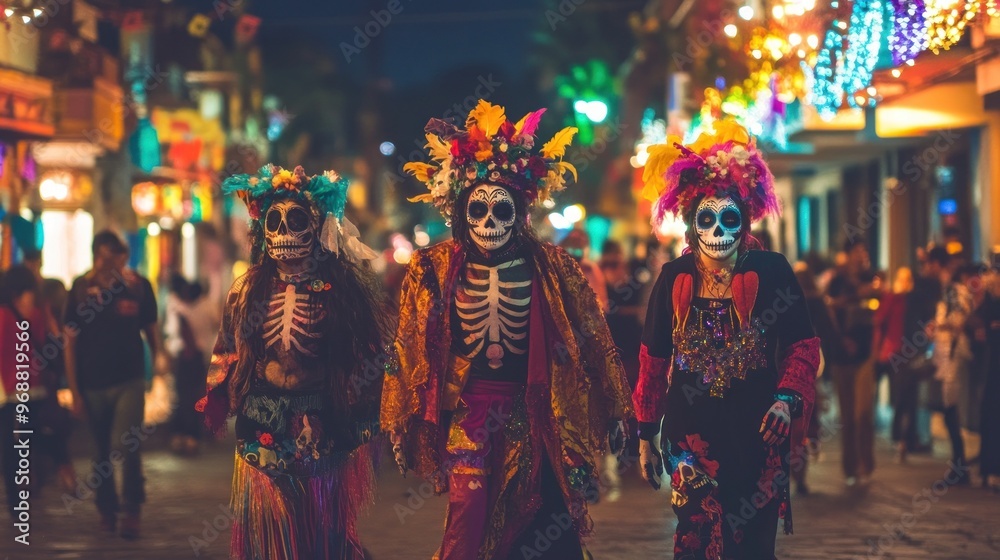 Colorful figures dressed as skeletons celebrate in a vibrant street during a festival. Colorful figures dressed as skeletons celebrate in a vibrant street during a festival.