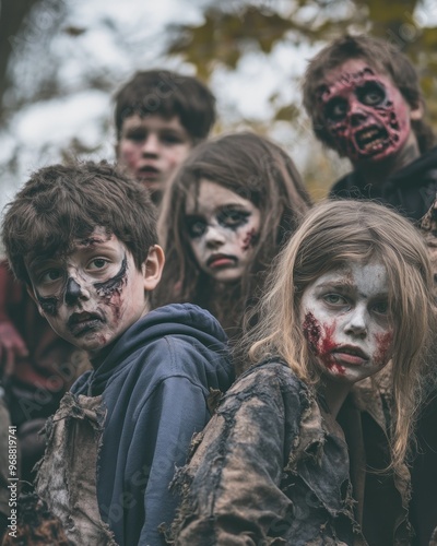 A group of children dressed as zombies, featuring dramatic makeup and tattered clothing.