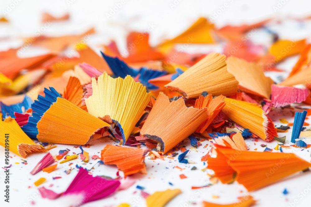 Colorful pencil shavings and pencils on white background. Colorful pencil shavings and pencils on white background.
