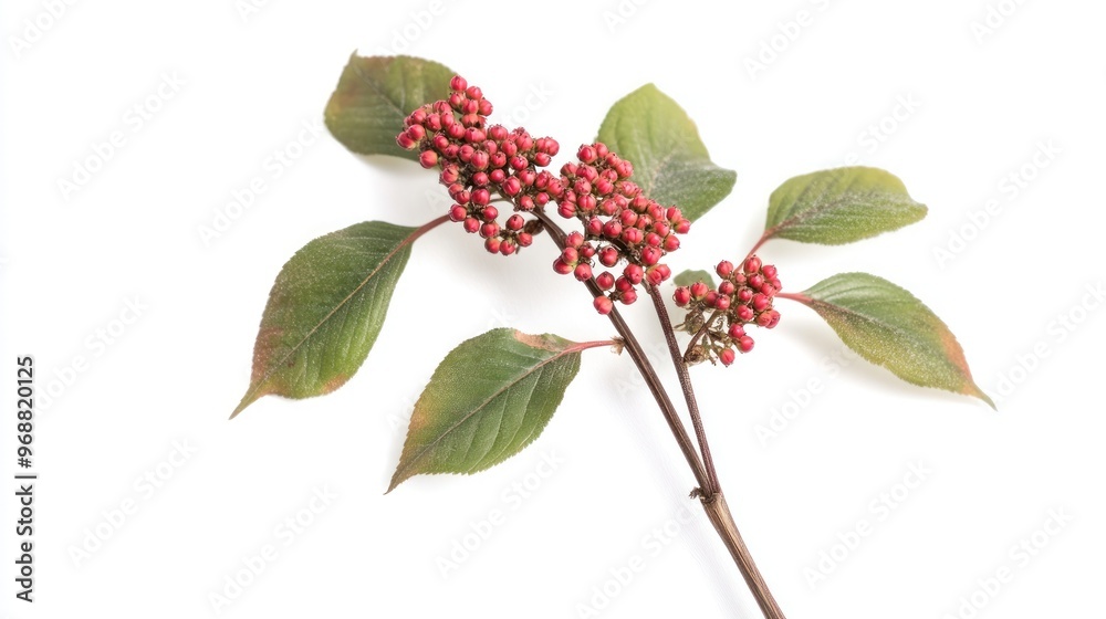 A branch with red berries and green leaves against a white background. A branch with red berries and green leaves against a white background.