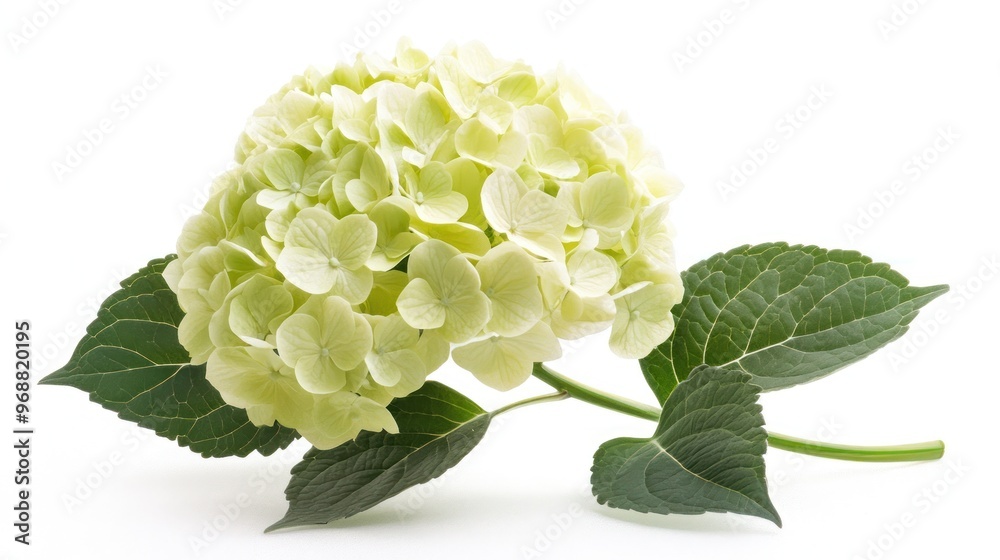 A light green hydrangea bloom with leaves, showcasing natural beauty and floral elegance. A light green hydrangea bloom with leaves, showcasing natural beauty and floral elegance.