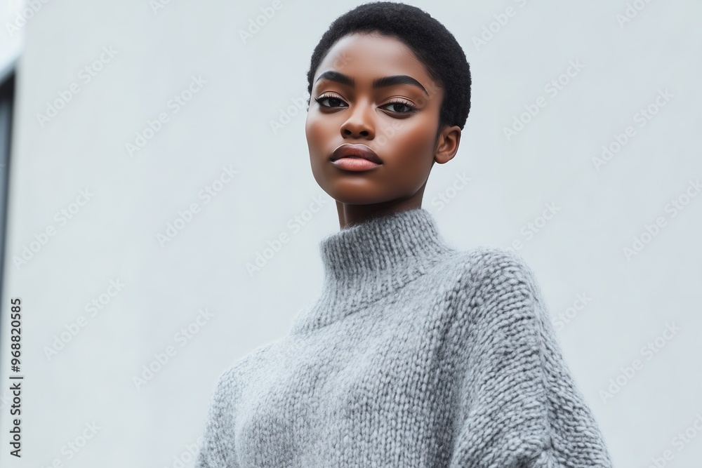 Black model with a close cropped hairstyle. She wears a textured grey sweater, paired with a black leather A-line skirt Black model with a close cropped hairstyle. She wears a textured grey sweater, paired with a black leather A-line skirt