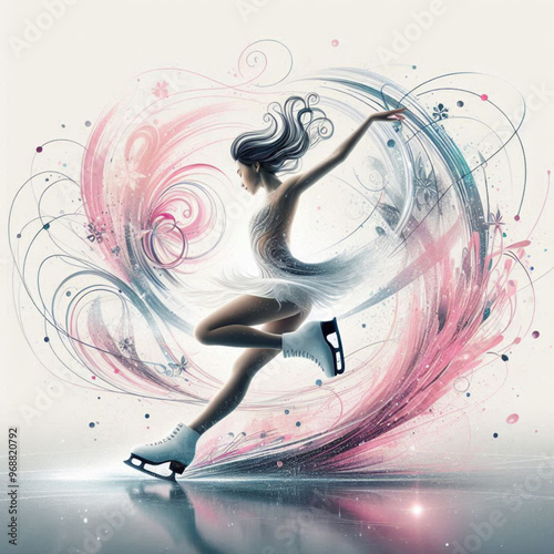 Dynamic figure skaters with swirling abstract colors and artistic effects