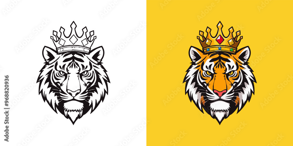 Obraz premium Tiger with crown esport mascot logo design. Editable vector logo tiger, tiger icon, tiger head, vector, sticker. Tigar head mascot logo design.
