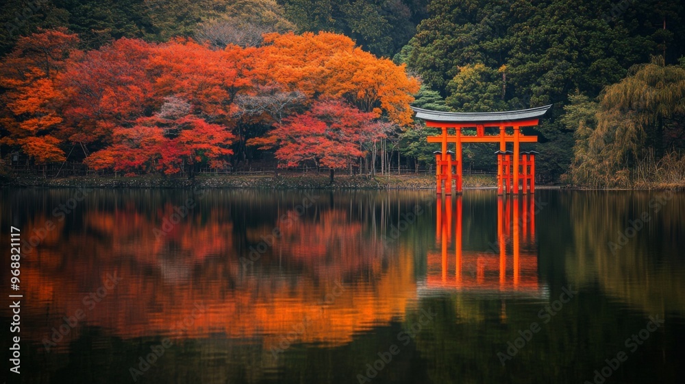 Fototapeta premium Red Torii Gate and Autumn Leaves Reflected in Still Water