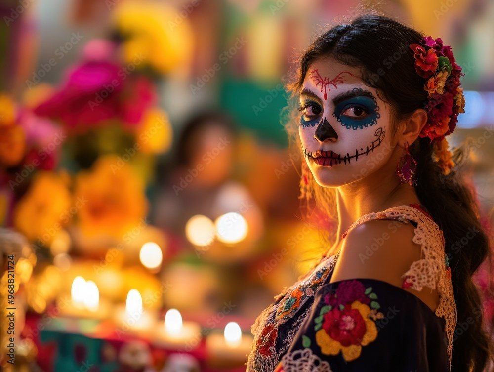 A woman with traditional D?a de los Muertos makeup stands near candles and vibrant decorations. A woman with traditional D?a de los Muertos makeup stands near candles and vibrant decorations.