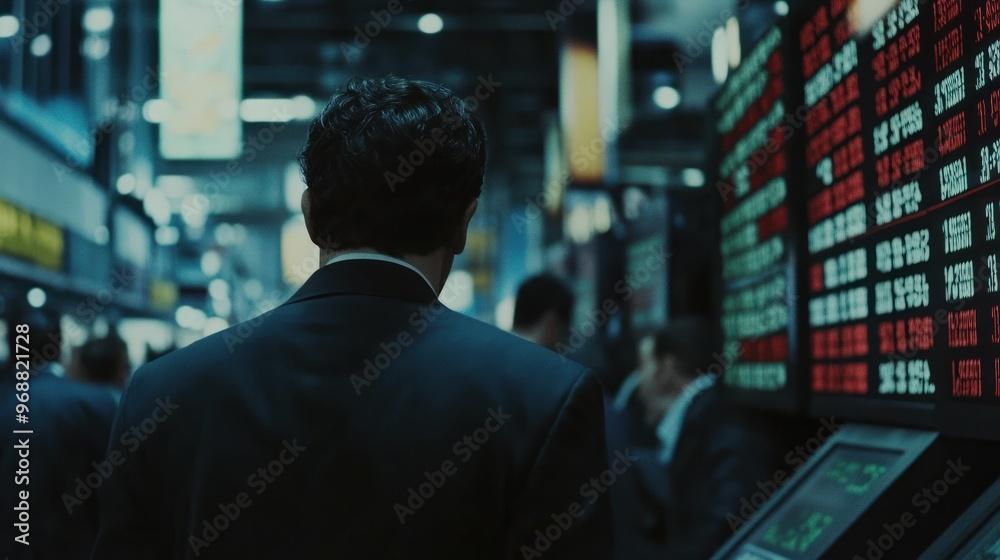 Man in Suit Walking Past Stock Ticker in Dark City Setting Man in Suit Walking Past Stock Ticker in Dark City Setting