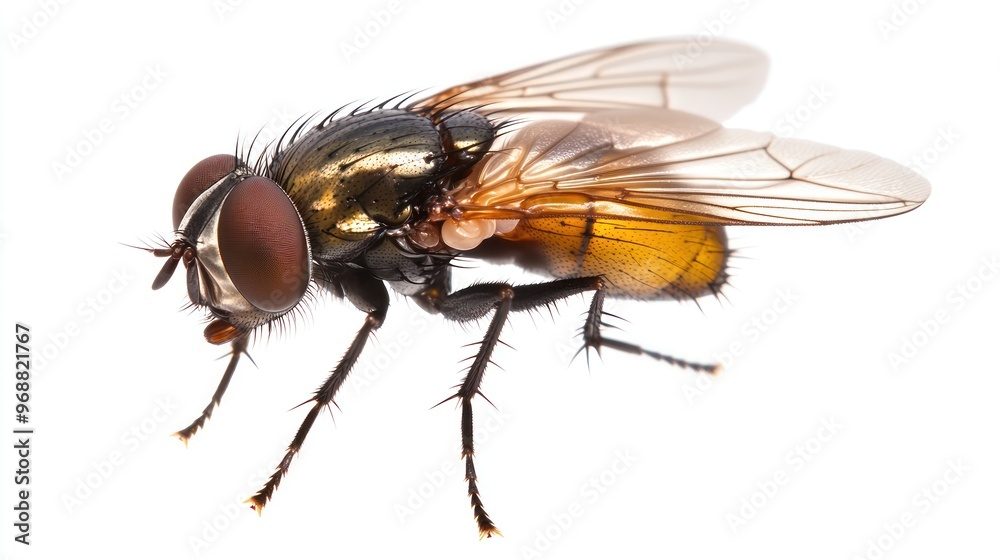 Close-up of a fly showcasing its detailed features and anatomy. Close-up of a fly showcasing its detailed features and anatomy.