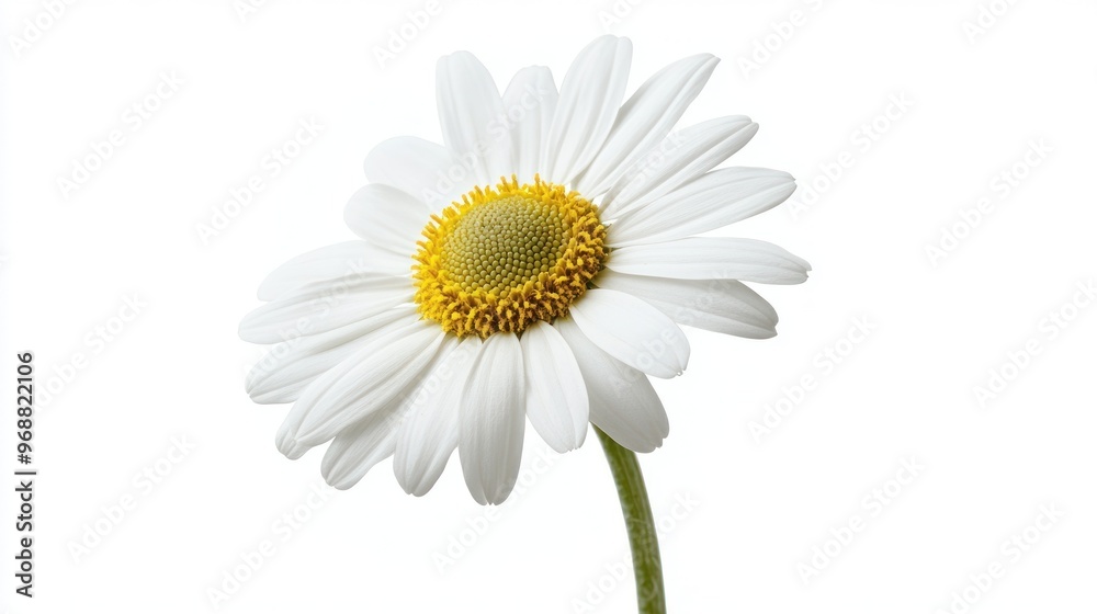 A close-up of a white daisy flower with a yellow center against a white background. A close-up of a white daisy flower with a yellow center against a white background.