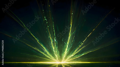 Immerse yourself in a mesmerizing abstract scene featuring an asymmetric burst of green light radiating against a dark green backdrop