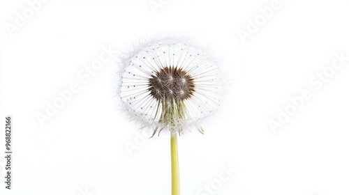 A close-up of a dandelion seed head against a white background.