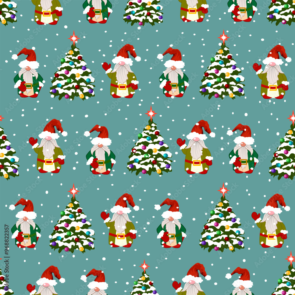 Gnomes and Christmas trees.Vector pattern with gnomes and decorated Christmas trees on a colored background with snow. Gnomes and Christmas trees.Vector pattern with gnomes and decorated Christmas trees on a colored background with snow.