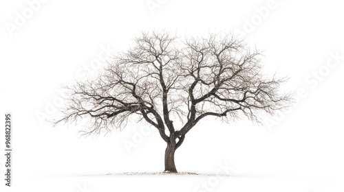 A solitary, leafless tree stands against a white background, symbolizing resilience and solitude.