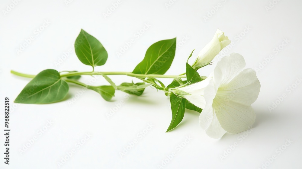 A delicate white flower with green leaves, elegantly arranged on a light background.