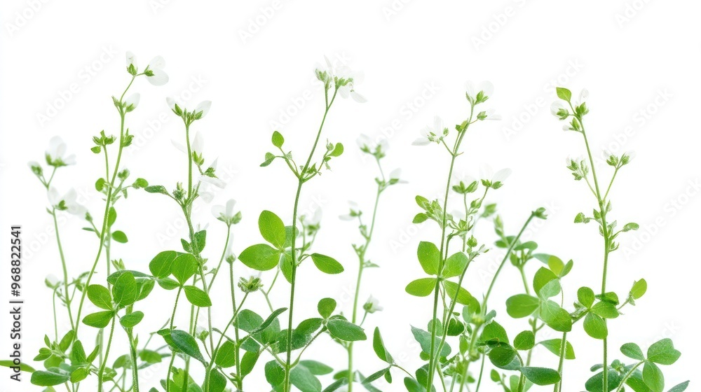 A cluster of delicate white flowers with green leaves against a white background. A cluster of delicate white flowers with green leaves against a white background.