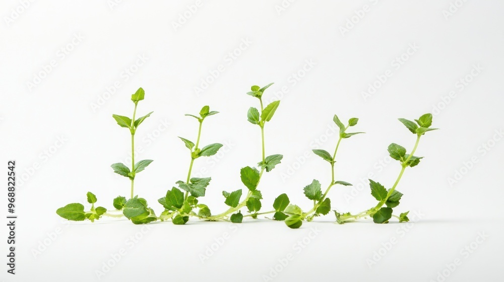 Fresh green herb stems arranged in a line against a white background. Fresh green herb stems arranged in a line against a white background.