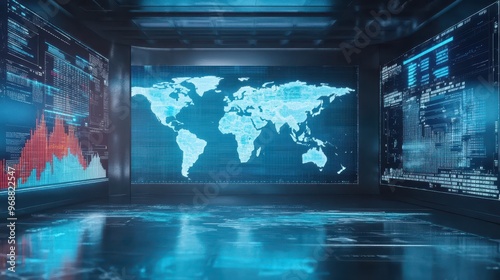 A contemporary workspace showcases glowing world maps and financial graphs, setting the stage for strategic discussions on global markets