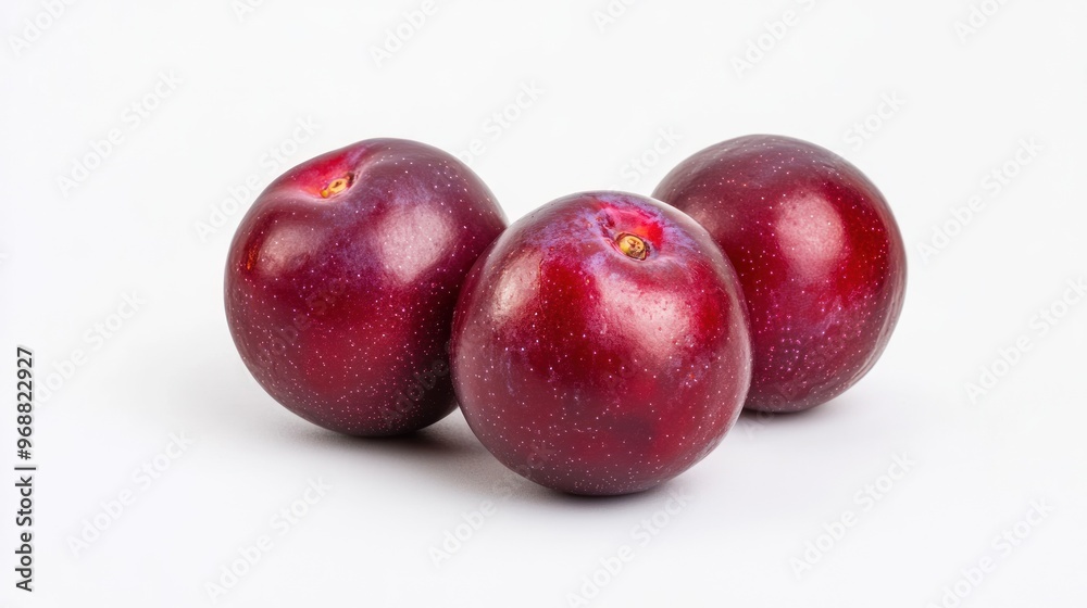 Three shiny red plums arranged on a white background. Three shiny red plums arranged on a white background.