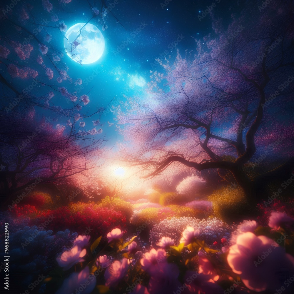 Obraz premium Under a brilliant starry sky, this enchanting image captures a beautiful garden filled with blossoming flowers.